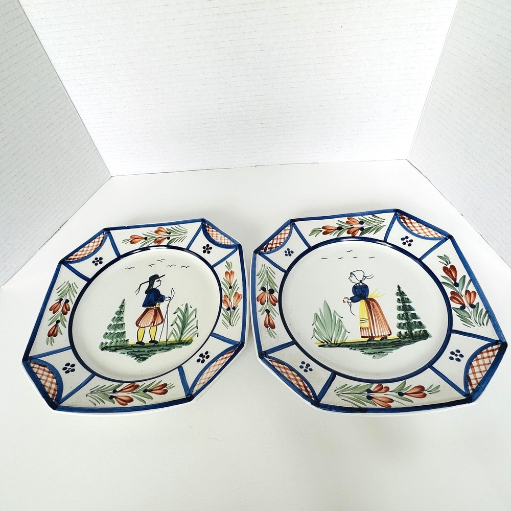 HB Quimper MISTRAL BLUE Matched Set 2 Octagonal Luncheon Plates  9.25" lot 2